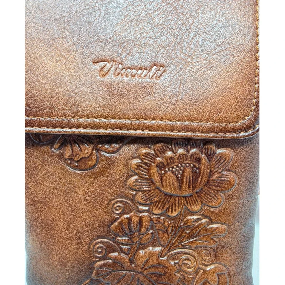Vimutti Brown Floral Embossed Crossbody Phone Bag Vegan Leather Guitar Strap